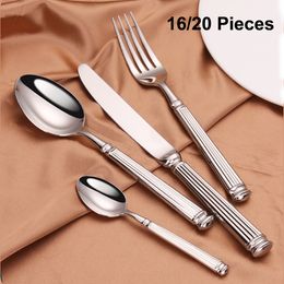 Dinnerware Sets 12/16/20 Pieces Sliver Tableware Set Stainless Steel Cutlery Elegant Dinnerware Vintage Knife Spoon Fork Set Kitchen Utensils 230518