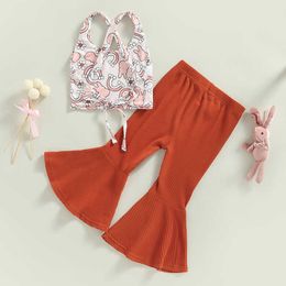 Clothing Sets Summer Fashion Kids Baby Girl Clothing Outfits Cartoon Print Sleeveless Tops and Flare Pants Set