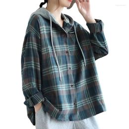 Women's Knits Hooded Plaid Shirts Women Long Sleeve Cardigan Vintage Top Checkered Beautiful Blouse Fashion Button Up Oversize