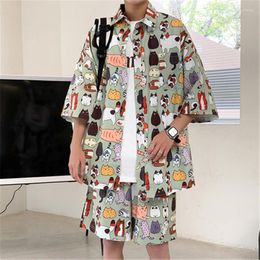 Men's Tracksuits Summer Man Sets Casual Shirts And Shorts Fashion Cartoon Graffiti Print Couples Wear Homme Two-Piece Suit Streetwear