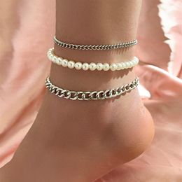 Anklets Classic Silver Colour Cuban Chain Bohemian Imitation Pearl Ankle Bracelets For Women Summer Beach Anklet Jewellery Female289B