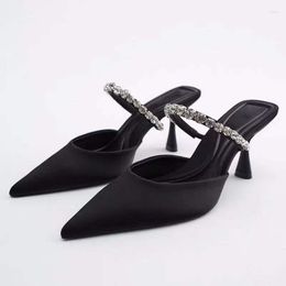 Sandals 2023 Black Crystal Embellished Women Pumps Slippers Elegant Pointed Toe High Heels Lady Mules Summer Fashion Party Prom Shoes