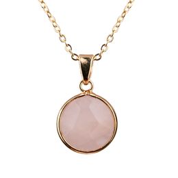 Round Rose Quartz Powder Pink Crystal Copper Package Gold Edge Pendant Necklace Fashion Necklace Women Jewelry