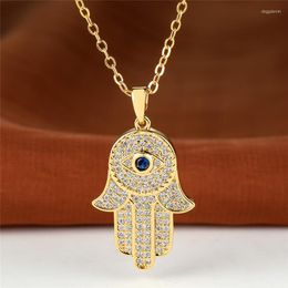 Pendant Necklaces Blue Zircon Round Stone Eye Necklace Female Luxury Crystal Palm Trendy 18K Gold Colour Chain For Women