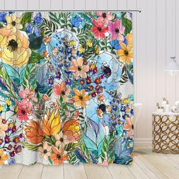 Shower Curtains Spring Plant Floral Watercolour Flowers Green Leaves Yellow Pink Modern Fabric Home Decor Bathroom Curtain Sets