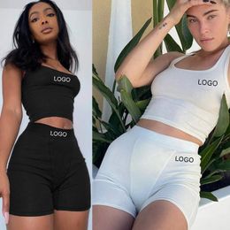 Womens Two Piece Pants summer workout ribbed 2 piece short set women Customised plain cropped tank top shirt and biker shorts 230518