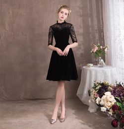 Party Dresses Little Black Knee Length Short Homecoming High Collar Lace Half Sleeves Graduation Prom Gowns Vestidos