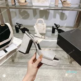 2023-Designer Slipper Women Rhinestone Sandal Calfskin Sandals Black Crystal Embellished Ankle Strap Satin Platform Pumps Shoes Chunky Heel Sandals