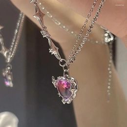 Pendant Necklaces Y2K Purple Crystal Heart Necklace Women Light Luxury Egirl Punk Grunge Clavicle Chain Fashion Jewelry Party Gifts