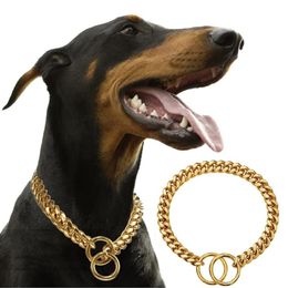 Dog Collars Leashes 18K Gold Chain Dog Collar 10MM Cuban Link Chain Stainless Steel Metal Links Walking Training Collar for Small Medium Large Dogs 230518