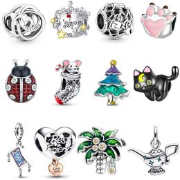 Fashion 20Pcs Dog Paw Print Ladybug Cat Mouse Coconut Tree Charm Sterling Silver European Charms Bead Fit Pandora Bracelets DIY Jewelry