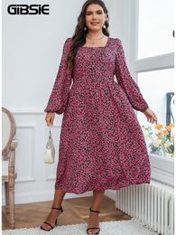 Plus size Dresses GIBSIE Size Square Neck Floral Print Button Front Dress Women Boho Vintage Lantern Sleeve A-line Elegant Midi 230518