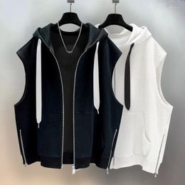 Men's Vests Hooded Vest Men Jacket Zipper Slit Design Sense Sleeveless Waistcoat Spring Autumn Loose Pocket Casual Gilet Homme