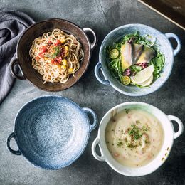 Bowls Japanese Ceramic Double Ear Stone Bowl Instant Noodles Ramen Pasta Dish Pot Porcelain Kitchen Rice And Soup Salad