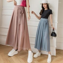 Ethnic Clothing 2023 Pleated Chiffon Skirt Pants Thin Casual Women Tied Up High Waist Graceful Wide Leg Daily Hanfu Trousers