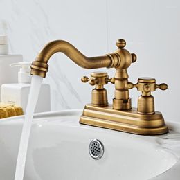 Kitchen Faucets Antique Brass Deck Mounted 4" Centerset Dual Handle Two Holes Bathroom Faucet Swive Spout Basin Sink Mixer Taps
