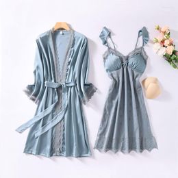 Women's Sleepwear Sexy Lace Sling Nightgown Bathrobe Robe Sets Floral 2023 Summer Kimono Loose Lounge Home Dress Lingerie Skirt Nightdress