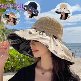 Wide Brim Hats Bucket 1pc Sun For Women Summer Black Glue Female Wave Point Hollow Straw Hat UV Protection Big Face screen 230517