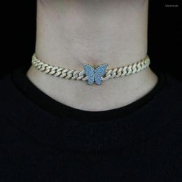 Choker Hip Hop Iced Out Bling Pink Light Blue White Cz Butterfly Charm Necklace Miami Cuban Link Chain Cute Collar For Women Men