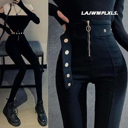 Jeans 2022 Autumn Spring New Black leggings Casual Elastic High Waist stretch feet pants women's Metal Buttons was thin Pencil Pants