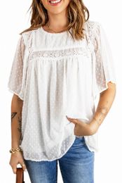 white Flutter Sleeves Sheer Textured Babydoll Top X5Ej#