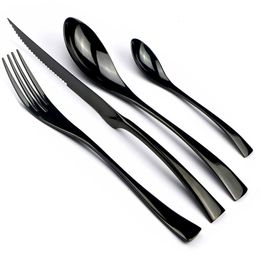 Dinnerware Sets 24 Pcs Shiny Black Dinnerware Cutlery Set Stainless Steel Sharp Steak Dinner Knives Forks Scoops Tableware Silverware Set 230518