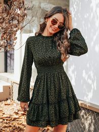 Dresses Dark Green Leopard Tiered Flounce Mini Dress For Women Sexy Mock Neck Long Sleeve Party Dress 2023 Spring Autumn Female Dress