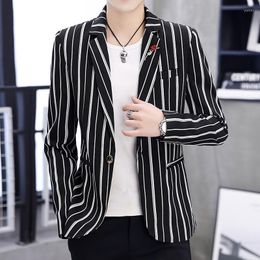 Men's Suits Men Blazer Fashion Stripe Print Slim Casual Suit Jacket Business Single Buckle Coat Terno Masculino Long Sleeve Tops