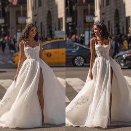 Straps Sexy A Line Slit Dress Thigh Wedding Dresses Vestidos De Novia Lace Appliques Designer Bridal Gowns es ppliques signer