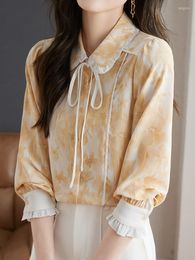 Women's Blouses French Style Elegant Yellow Printed Floral Lace-Up Long Sleeve Tops Shirts Women Button Up Ruffles Bishop Blouse