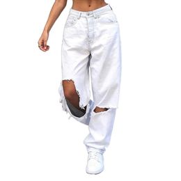 Jeans Mid Waist Boyfriend Cargo Jeans Fashion Loose Women's Hole Baggy Jeans White Women's Vintage Pants Wide Leg Jeans Trousers 6357