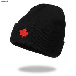 Beanie/Skull Caps Autumn Winter CA Red Maple Leaf Embroidered Knitted Acrylic Beanies Hat Men and Women Casual All Match Warm Wool Cold Caps W125 J230518