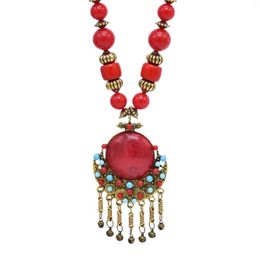 Pendant Necklaces Tibetan Style Acrylic Gem Beaded Round Alloy Necklace National Tassels For Boho Gypsy Turkish