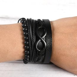 Charm Bracelets Men's Endless Figure 8 Bracelet Handmade Jewelry Couple Leather Multilayer Wide Wrap Black Bead Woman Gifts CN