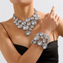 Chokers Exaggerated Large Round Stone Choker Necklace Bracelet Set for Girl Crystal Geometric Big Bib Collar Necklace Jewellery 230518