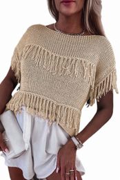 khaki Crochet Knitted Fringed Short Sleeve Top 63NY#