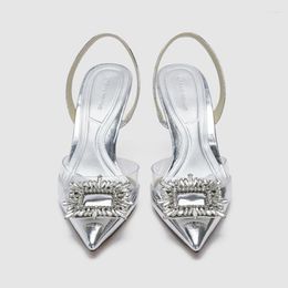 New 2023 Sandals Women Heels Shoes Woman Gold Metal Buckle Strap Bling Shine Pointed fashion brand Summer Sandalias womens Heels