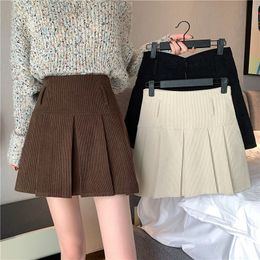 Skirts HOUZHOU Vintage Corduroy Pleated Skirt Women Korean Style Kawaii Patchwork Brown High Waist A-line Mini Skirts Autumn Winter 230518