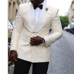 Men's Suits Double Breasted Ivory Men For Wedding Sllim Fit Shawl Lapel Groom Tuxedo African Male Fashion Jacket With Black Pants