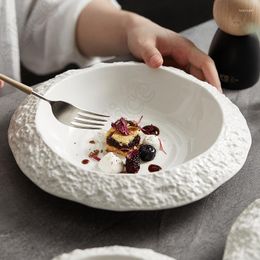 Plates Relief Rock Texture Ceramic Plate White Large Irregular Salad Bowl Soup Bowls Restaurant Dessert Pasta Dinner Tableware