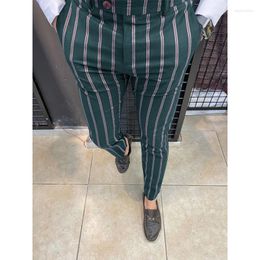 Men's Pants Fashion Men Casual Business Slim Fit Striped Print Zipper Long Cotton Mid Weight Full Length Pencil Trousers