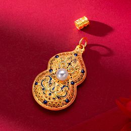 Women Pendant Chain Gourd Shaped Fashion Jewelry Gift Real 18k Gold Color Solid Filigree Accessories Bridal Present