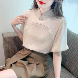 Women's Blouses Chinese Traditional Clothing For Women Vintage Loose Qipao Shirt Cheongsam Top Jacquard Short Sleeve Blouse Retro Tops