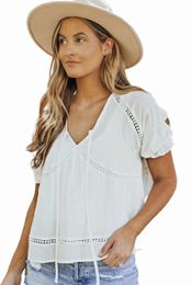 white Hollow-out Detail Tie Front V Neck Top W69p#