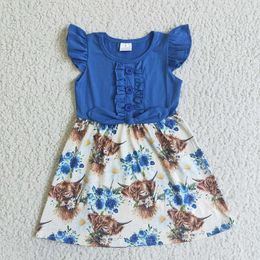 Girl Dresses Kids Western Highland Cow Flower Dress Short Sleeve Blue Bow Baby Floral Clothing Wholesale Children Toddler Clothes