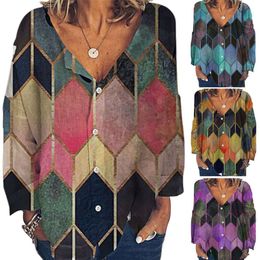 Women's Blouses Shirt Geometric Hexagon Print Deep V Neck Buttons Long Sleeve Blouse Top 230517