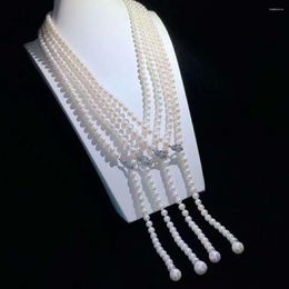 Chains Hand Knotted 100cm 8-9mm White Nearly Round Freshwater Pearl Temperament Micro Inlay Zircon Necklace Fashion Jewellery