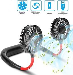 Fans USB Mini Neck Fan Rechargeable Portable Hanging Neckband Fan Free Neck Sports Fan 3Speed Adjustable Dual Electric Cooler Fan