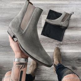 New Grey Chelsea Boots Flock Slip-On Round Toe Business Men Short Boots Free Shipping Size 38-46 Botas Cuturno Masculinas