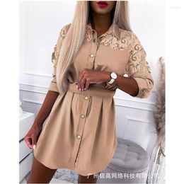 Casual Dresses Women Elegant Summer Sexy Lace Hollow Out Long Sleeve Turn Down Collar Button Shirt Dress